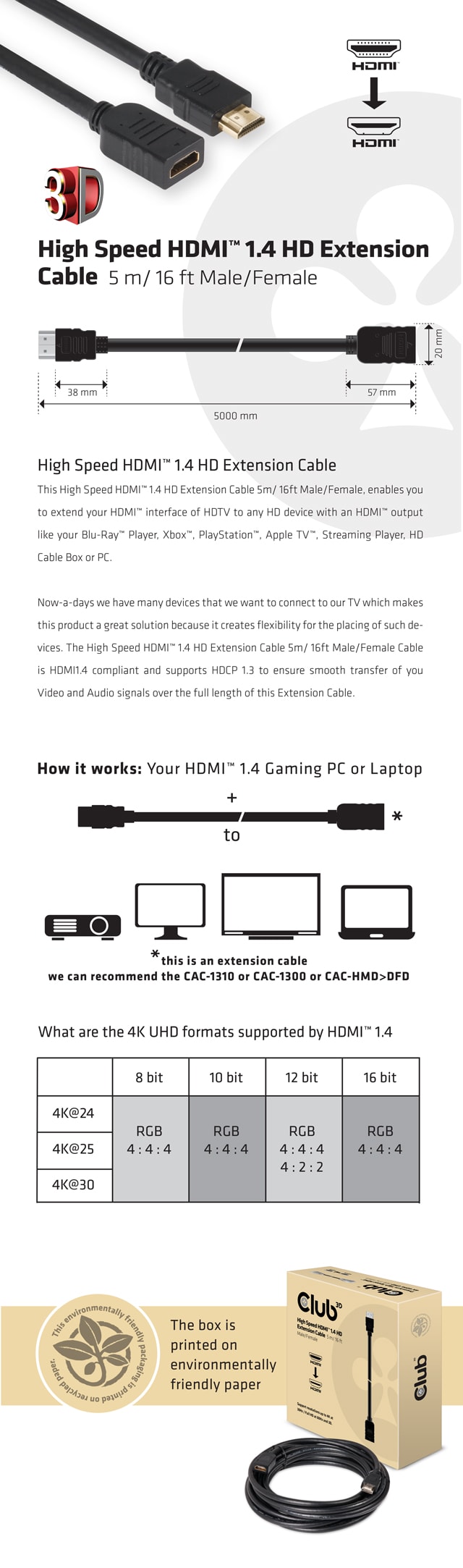High Speed HDMI™ 1.4 HD Extension Cable 5m Male/Female