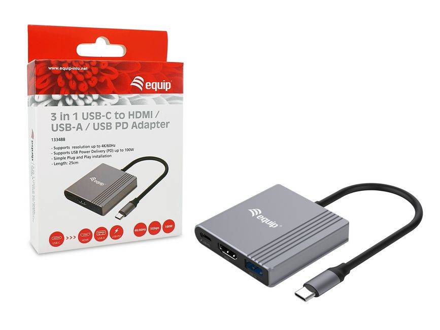 Equip 3 in 1 USB-C to HDMI USB-A USB PD Adapter. USB | 133488
