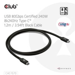 Club 3D USB 80Gbps Certified 240W 8K240Hz Type-C 1.2m Black Cable