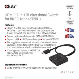 CLUB3D HDMI 2-in-1 Bi-directional Switch for 8K60Hz or | CSV-1384