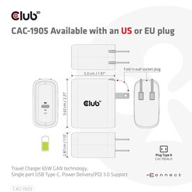 CLUB3D Travel Charger 65W GAN technology, Single por | CAC-1905EU