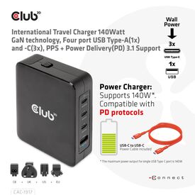 Club 3D CAC-1917 / Power adapter / GaN technology / 140 Watt / 5