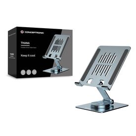 Conceptronic THANA09G Foldable Swivel Tablet Stand, 360° Rotating Base, Adjustable Height Grey