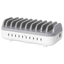 Manhattan 102766 10-Port USB-C PD 3.0 Charging Station, 200W Total, 20W per Port, White Gray