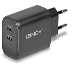 Lindy 65W GaN 2-Port USB-C Charger, Euro Plug, Black
