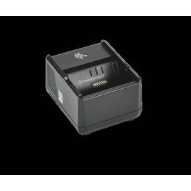 Zebra single-slot printer battery charger; battery shown for illustration, sold separately