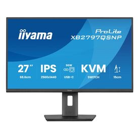 Μαύρη iiyama XB2797QSNP-B1 QHD με USB-C docking, εμπρός, πλάγια landscape και portrait όψη βάσης
