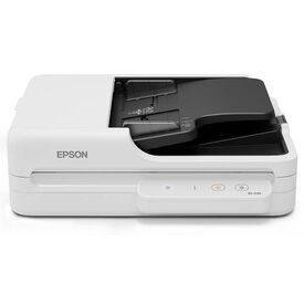 Epson WorkForce DS-1730 white A4 document scanner, front view with flatbed lid closed and automatic document feeder