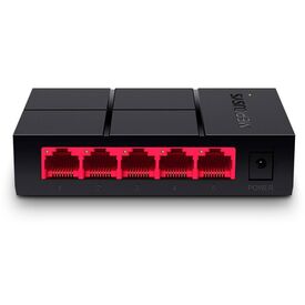 Mercusys MS105G desktop switch front with five numbered red RJ45 sockets and DC input