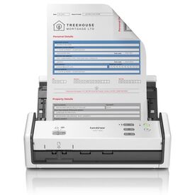 Brother ADS-1300 white portable document scanner front view with sample page in the ADF, official manufacturer image; document illustrative