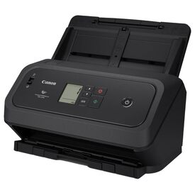 Canon imageFORMULA DR-C350 black document scanner angled front view with raised ADF support and monochrome LCD, official native manufacturer photo