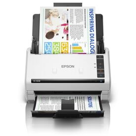 Epson WorkForce DS-530III white document scanner front view feeding a sample page, official manufacturer image; sample document illustrative