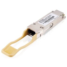 Zyxel QSFP100G-SR4 transceiver, angled front view showing MPO optical opening and beige pull tab