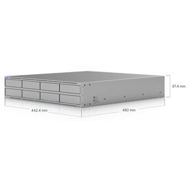 NAS Ubiquiti UniFi UNAS Pro 8 2U, λοξή εμπρόσθια όψη με διαστάσεις