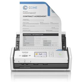 Brother ADS-1800W white wireless document scanner front view with colour touchscreen and sample page in ADF, official manufacturer image