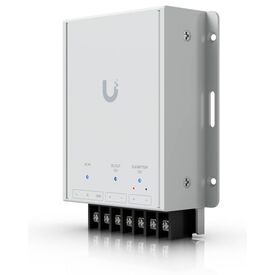 Ubiquiti UniFi Retrofit PSU 12V, angled front view with AC, 12V DC and SLA battery terminal labels