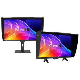 ASUS ProArt Display OLED PA32USD: one monitor shown in two alternative hood and stand configurations; screen artwork is illustrative.