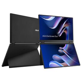 Η ASUS ZenScreen Duo MB14FCD σε όψη εμπρός και πίσω· δύο όψεις μίας μονάδας δύο πάνελ, όχι συσκευασία δύο οθονών.