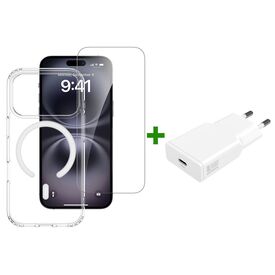 4smarts 3in1 kit with transparent magnetic case, screen glass and white wall charger; phone shown for illustration, not included