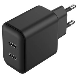 Μαύρος φορτιστής 2GO 797386 με δύο εξόδους USB-C και ευρωπαϊκό φις