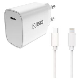 Λευκό σετ φορτιστή USB-C PD 2GO 797277 με καλώδιο Lightning