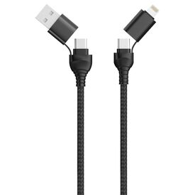 2GO 797369 black 120 cm cable with USB-C plugs and tethered USB-A and Lightning adapters