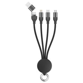 Black 2GO 797363 cable with USB-C or USB-A input, three output tips and metal keyring