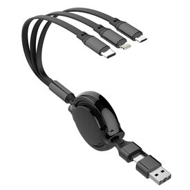 2GO 797505 black retractable cable with USB-A/USB-C input and USB-C, Lightning and Micro-USB tips