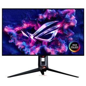 ASUS ROG Swift OLED PG32UCWM front view with stand; screen artwork is illustrative and shows one unit.