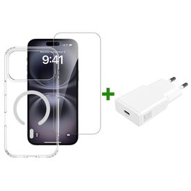 4smarts 541910 manufacturer kit: transparent magnetic case, screen glass and white EU-pin charger; pictured phone is illustrative and not included.