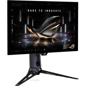 ASUS ROG Swift OLED PG27AQWP-G EDITION 20 monitor shown from the front and rear; illustrative screen artwork, one monitor