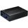 TRENDnet TFC-G22SFP black compact switch, angled view showing two empty SFP slots and status LEDs; modules separate