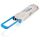 Zyxel QSFP100G-LR4 module, angled front view with duplex LC receptacle and blue pull tab