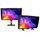 ASUS ProArt Display OLED PA32USD: one monitor shown in two alternative hood and stand configurations; screen artwork is illustrative.