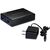 TRENDnet TFC-G22SFP black compact switch, angled view showing two empty SFP slots and status LEDs; modules separate
