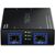 TRENDnet TFC-G22SFP black compact switch, angled view showing two empty SFP slots and status LEDs; modules separate