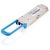 Zyxel QSFP100G-LR4 module, angled front view with duplex LC receptacle and blue pull tab