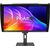 ASUS ProArt Display OLED PA27USD monitor shown in two alternative stand and hood configurations; one monitor, illustrative screen artwork.