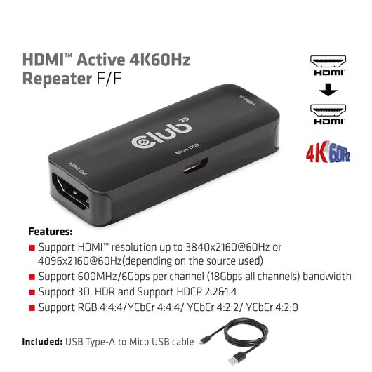 CLUB3D HDMI Active 4K60Hz Repeater CAC1307