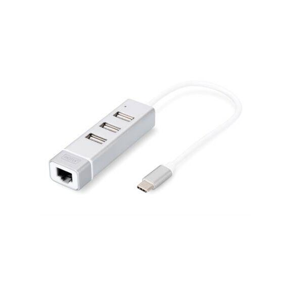 DIGITUS USB Type-C 3-Port Hub + Fast Ethernet LAN Adapter