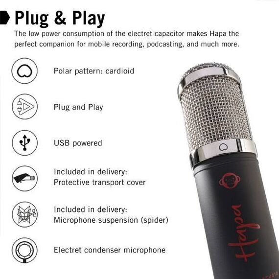 Monkey Banana Hapa Table microphone, 32dB, Wired, USB.  Black