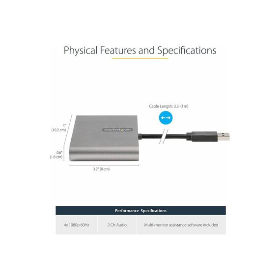 StarTech.com USB 3.0 to 4 HDMI Adapter, External Video | USB32HD4