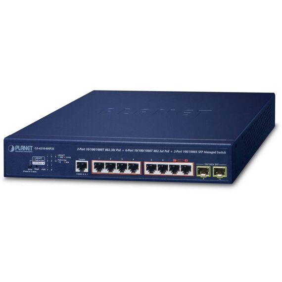 Planet 2Port GE 802.3bt+ 6Port 802.3at+ 1000X SFP GS42108HP2S