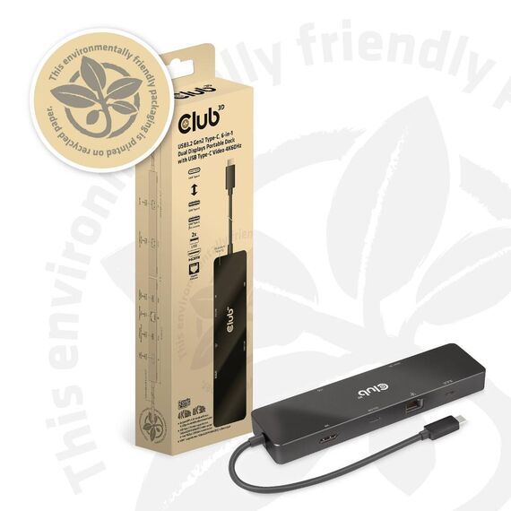 CLUB3D USB3.2 Gen2 Type-C, 6-in-1 Dual Displays Portable Dock