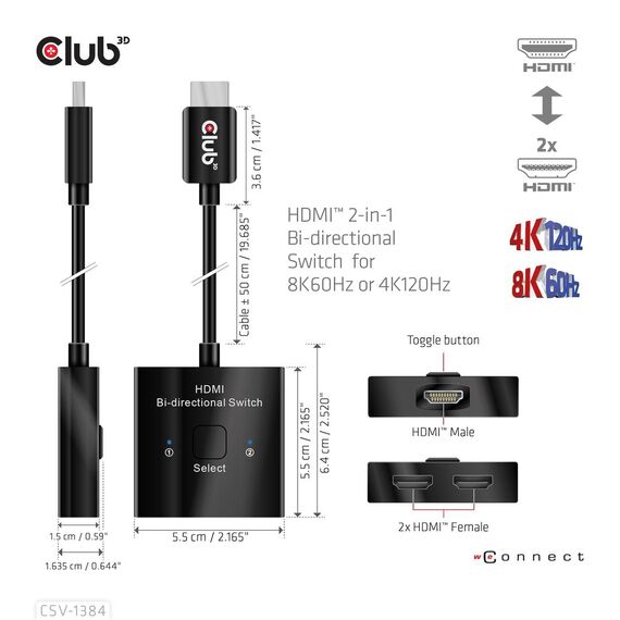 CLUB3D HDMI 2-in-1 Bi-directional Switch for 8K60Hz or | CSV-1384