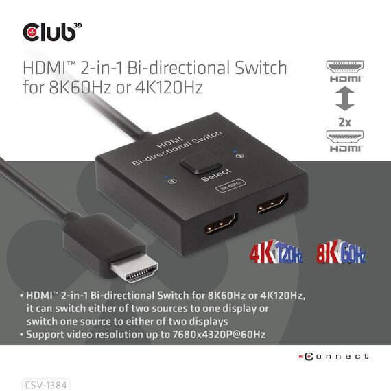 CLUB3D HDMI 2-in-1 Bi-directional Switch for 8K60Hz or | CSV-1384