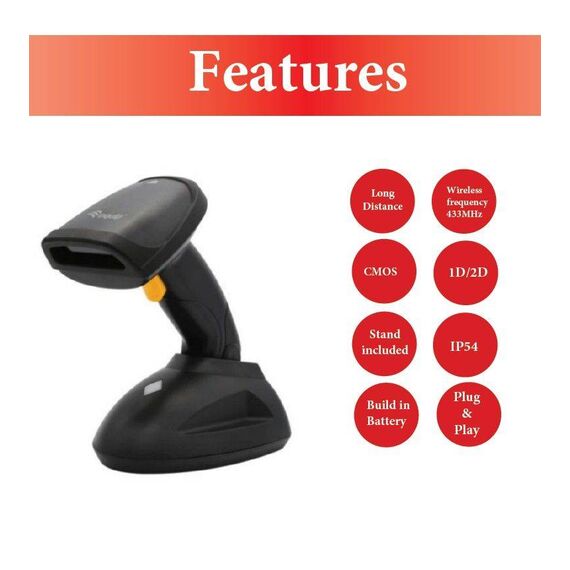 Wireless 2D Barcode Scanner, Long Distance, with Stand
