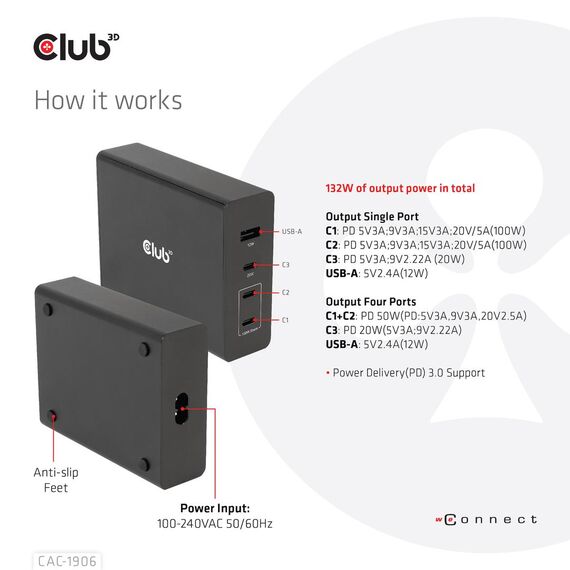 Club 3D CAC-1906 - Power adapter - AC 100-240 V - 132 Watt - outp
