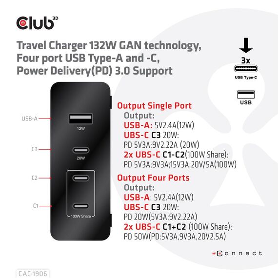 Club 3D CAC-1906 - Power adapter - AC 100-240 V - 132 Watt - outp