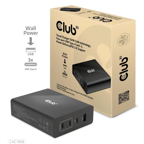 Club 3D CAC-1906 - Power adapter - AC 100-240 V - 132 Watt - outp